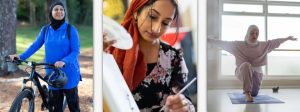 three pics: a hijabi pushes a bike in the forest, another paints a picture, and a third does yoga with soft light coming in the studio from the window behind her