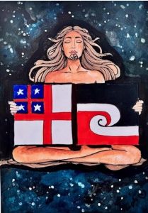 woman with moko kauae holds two flags: he whakaputanga and tino rangatiratanga, on a background of night sky stars
