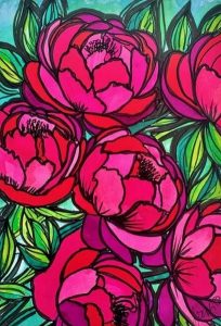 pink flowers, perhaps peonies, on green leaf background