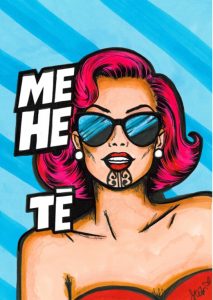 woman with moko kauae, pink hair and dark glasses wears a red strapless top against blue striped background. on her shoulder are the words ME HE TĒ