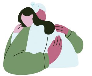 an older woman supporting/hugging a younger woman