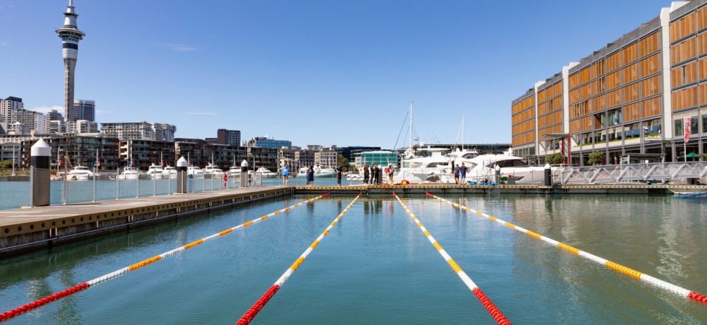 pool lanes in the harbour downtown, with a view of the sky tower