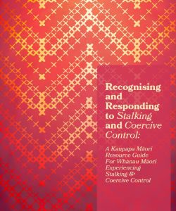 Poutama-inspired motif of interwoven ascending forms in warm red, orange, and gold tones, symbolising collective movement toward safety, healing, and change. with title "Recognising and Responding to Stalking and Coercive Control: A Kaupapa Māori Resource Guide For Whānau Māori Experiencing Stalking & Coercive Control
